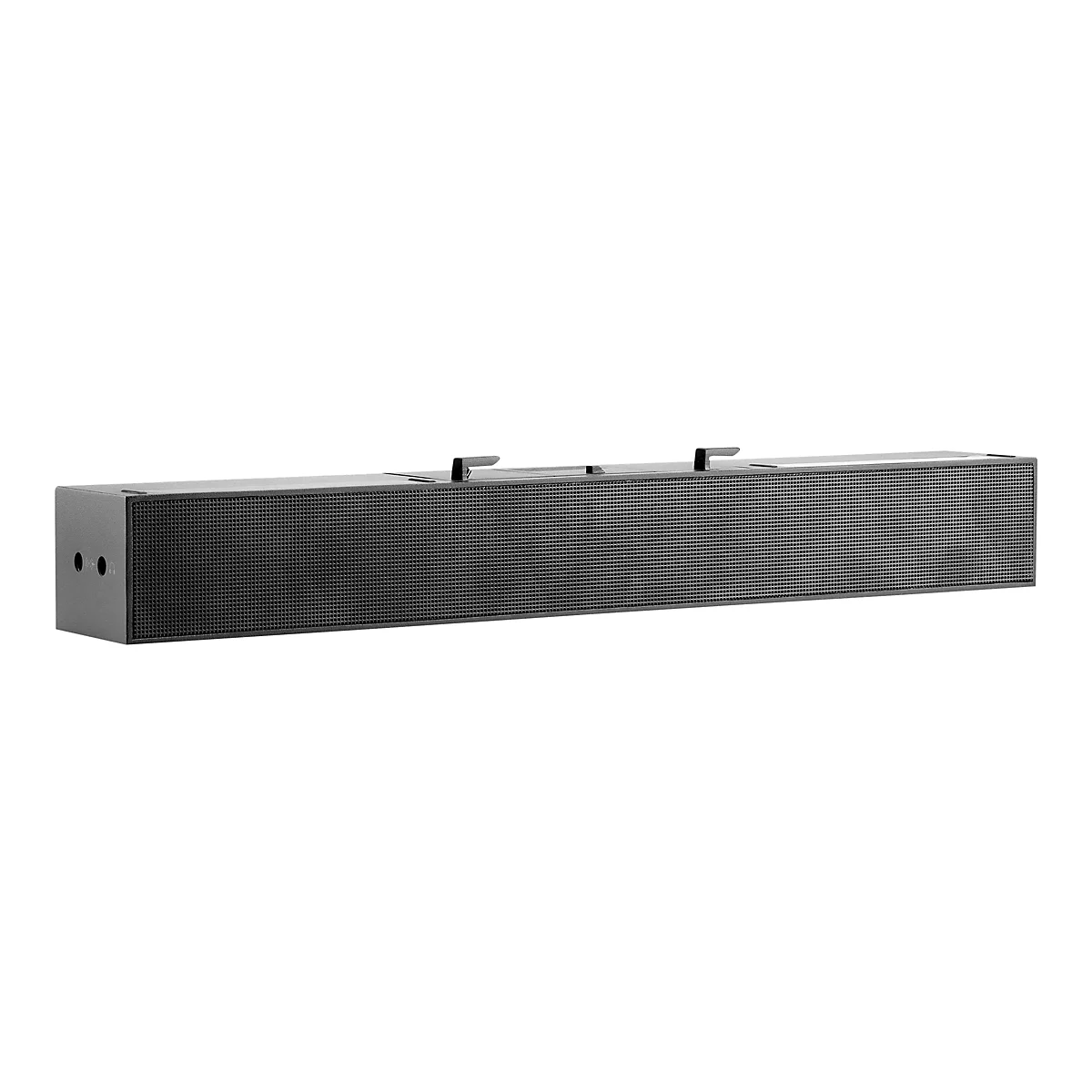 Schwarze Soundbar vor weißem Hintergrund. Mit Löchern versehen, zwei Aufsätze oben.