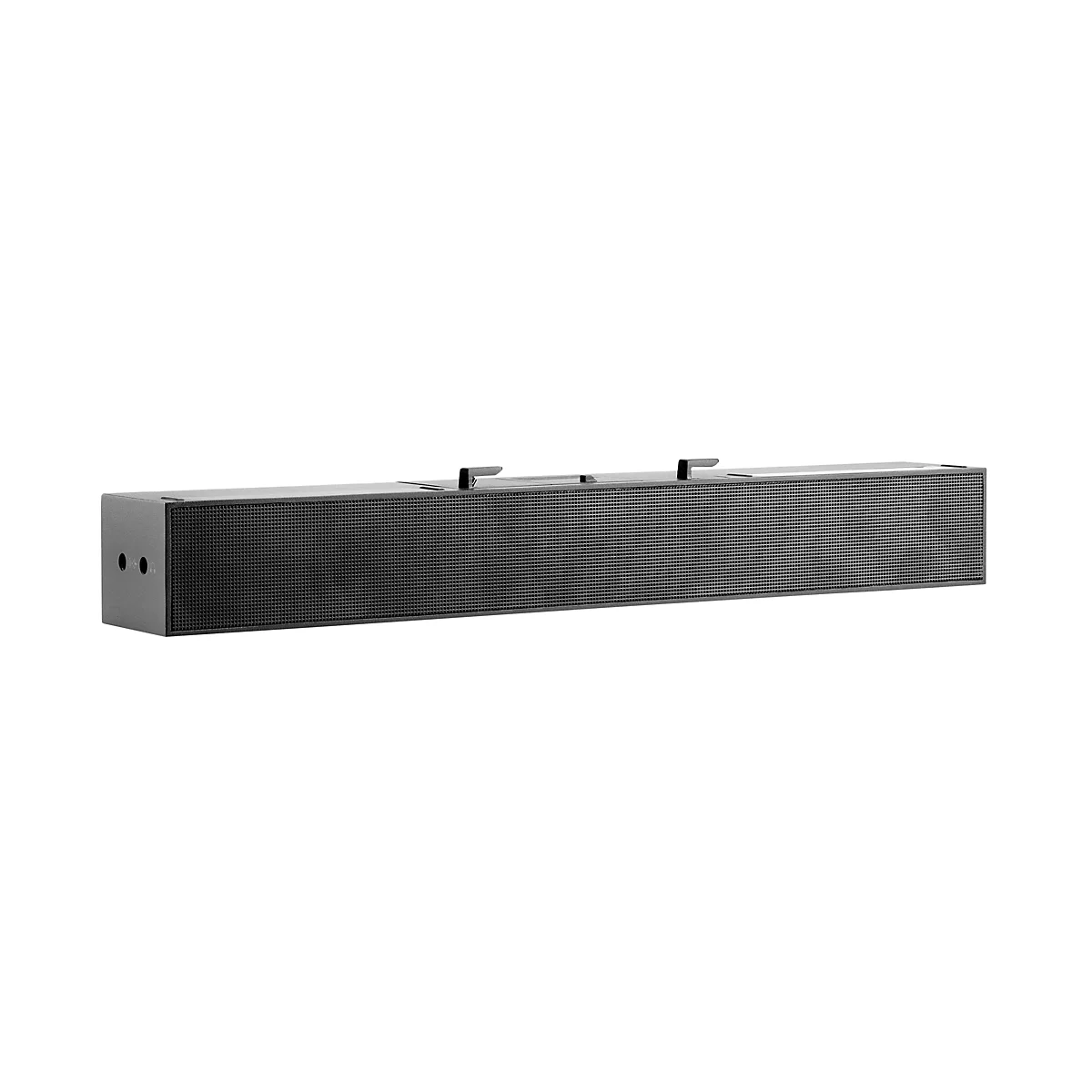 Schwarze Soundbar, vorne mit kleinen Löchern, auf weißem Hintergrund.