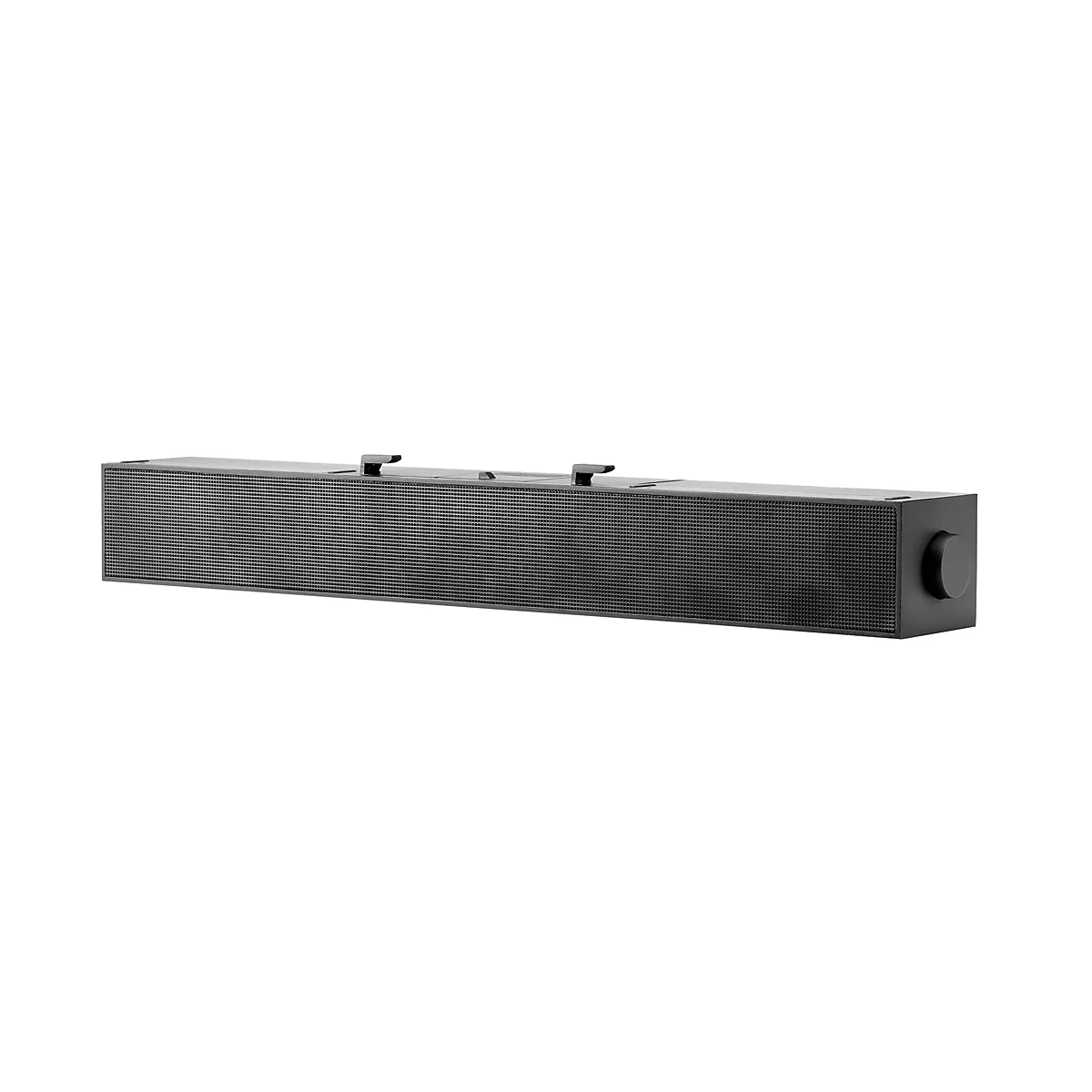 Schwarze Soundbar, rechteckig mit gerundeter Ecke, auf weißem Hintergrund. Auf der Oberseite drei Metallhalterungen.