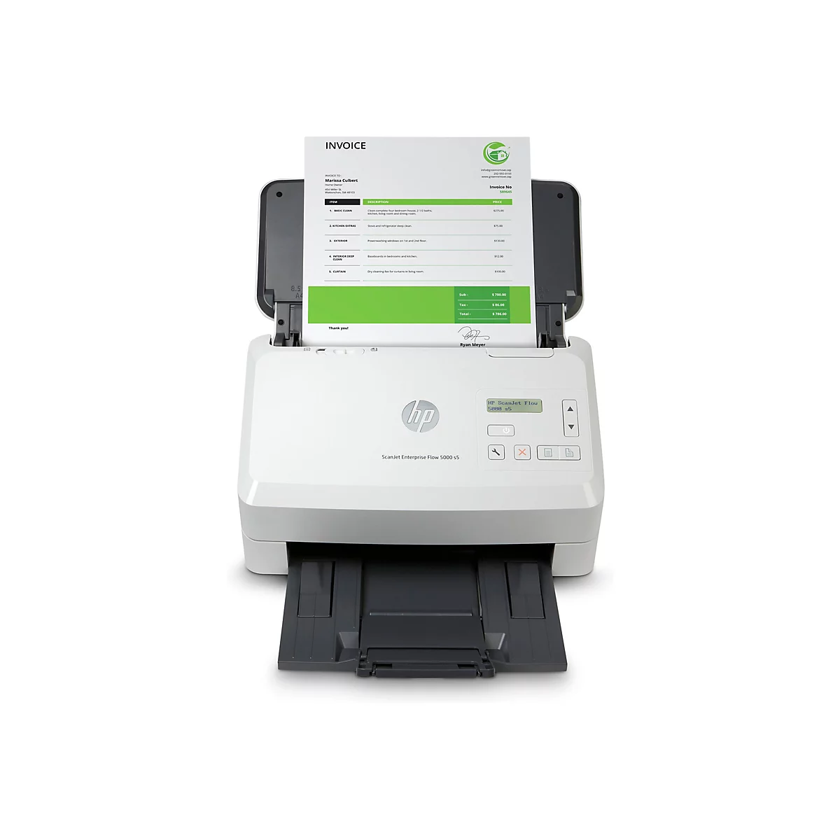 Ein weißer HP ScanJet Enterprise Flow 5000 s5 Scanner, der eine Rechnung einscannt. Auf dem Display des Scanners ist der Schriftzug 'HP ScanJet Flow 5000 s5' zu sehen.