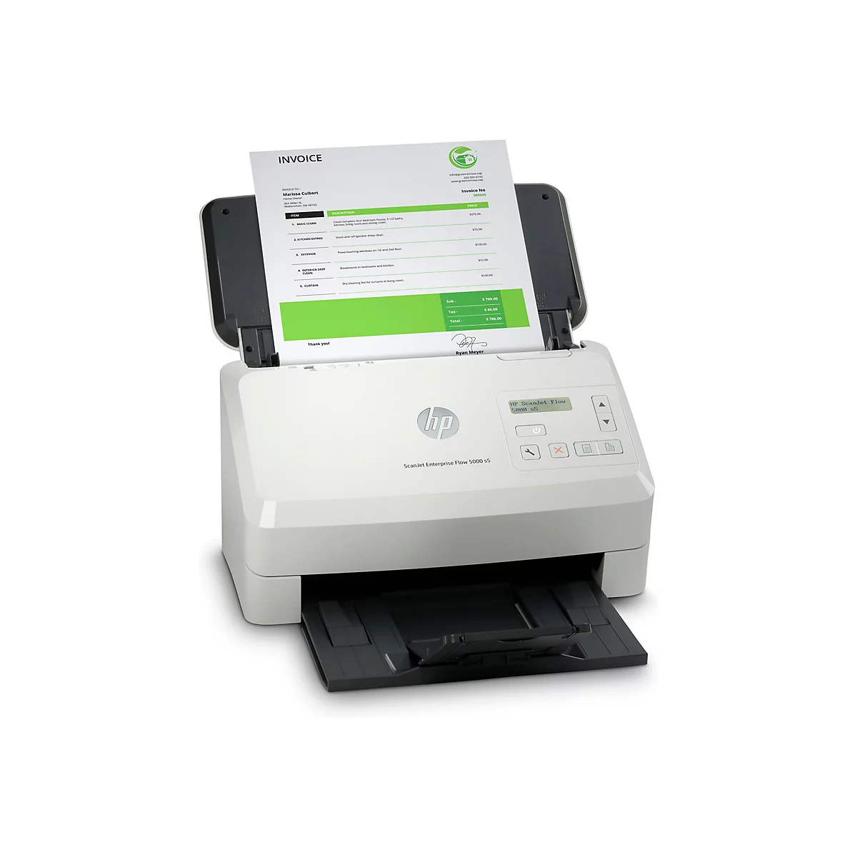 Ein weißer HP-Scanner mit einem Dokument im Inneren. Auf dem Display des Scanners wird "HP ScanJet Flow 5000 s5" angezeigt. Auf dem Dokument steht "Invoice" (Rechnung).