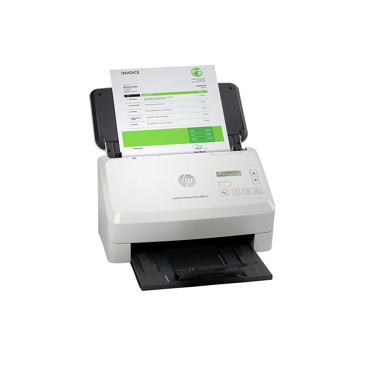 Ein weißer HP ScanJet Enterprise Flow 5000 s5 Scanner mit einer Rechnung, die eingezogen wird. Auf der Rechnung steht "INVOICE" und zeigt Details zu Reinigungsdienstleistungen.