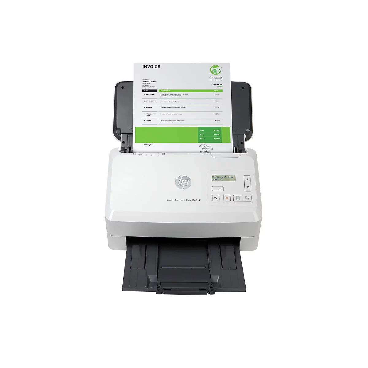 Ein weißer HP Scanner mit einem offenen Deckel, in dem sich ein Rechnungsformular befindet. Auf dem Scanner befindet sich ein kleines Bedienfeld mit einem Display.