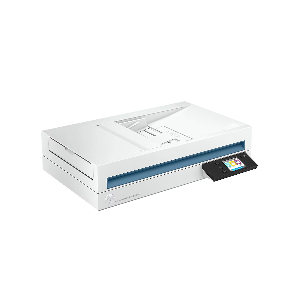 Weißer Scanner mit blauem Akzentstreifen und Bedienfeld. Auf dem Bedienfeld sind verschiedene Funktionen abgebildet, z.B. Scannen an E-Mail, Netzwerkordner.