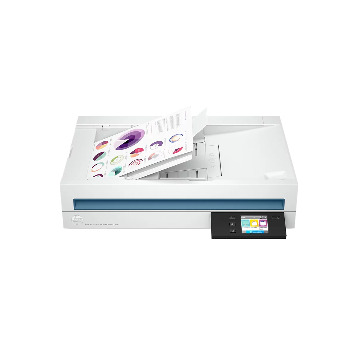 Weißer HP ScanJet Enterprise Dokumentenscanner mit eingelegtem Diagramm auf weißem Hintergrund.