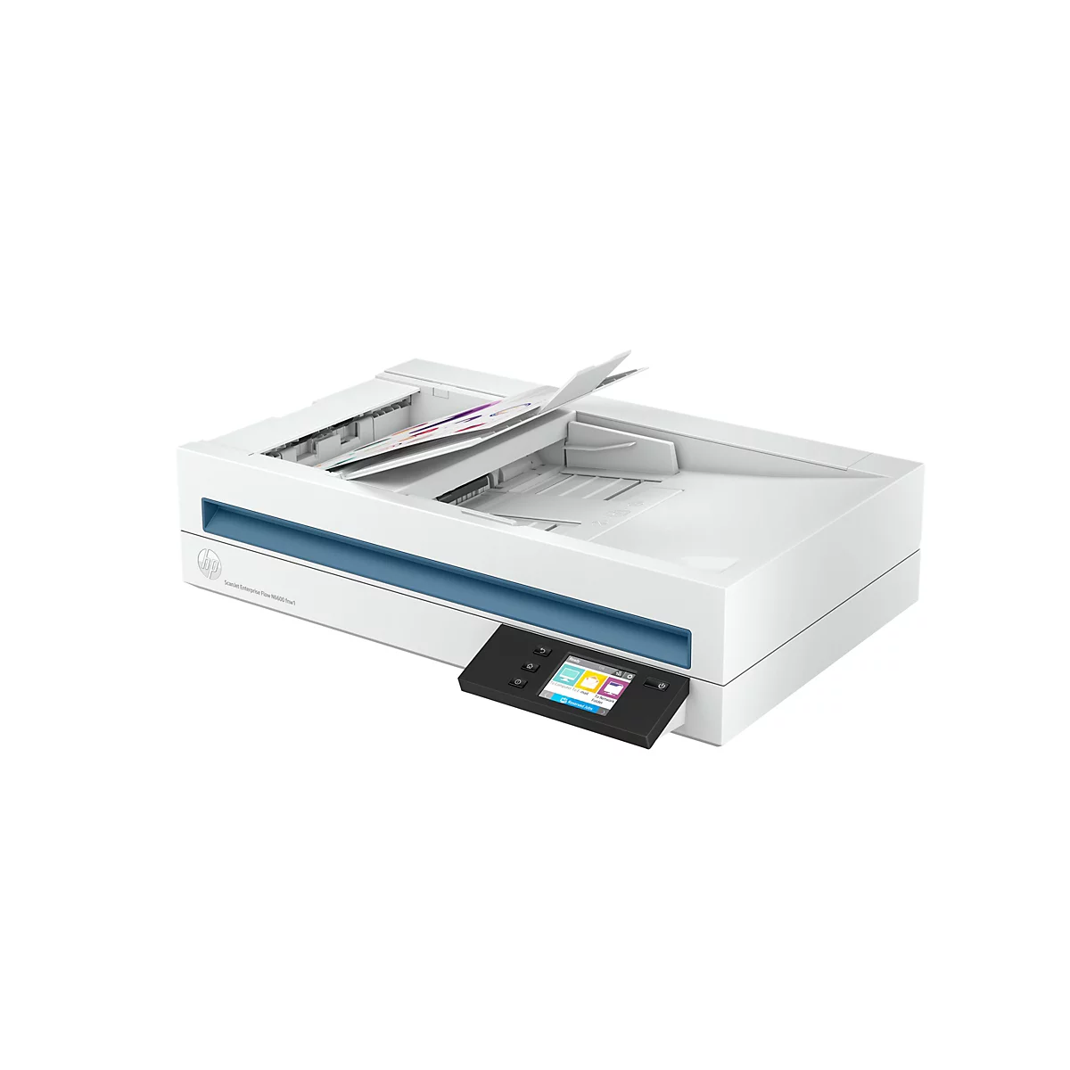 Weißer HP ScanJet Enterprise Dokumentenscanner mit Touchscreen-Bedienfeld und eingelegtem Papier.