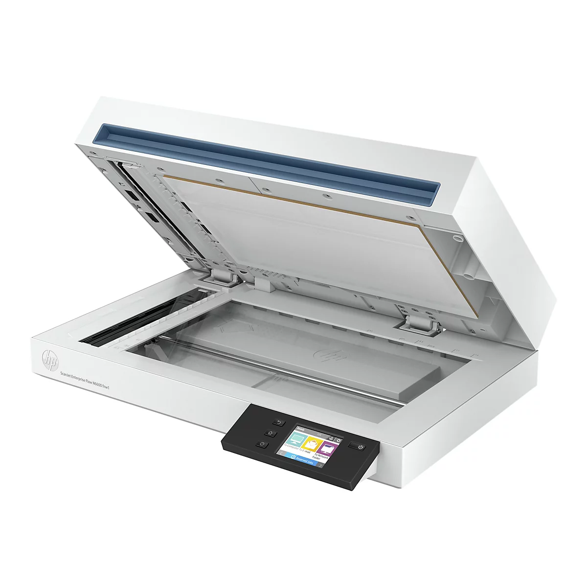 Ein weißer HP ScanJet Enterprise Dokumentenscanner mit geöffnetem Deckel vor einem weißen Hintergrund.