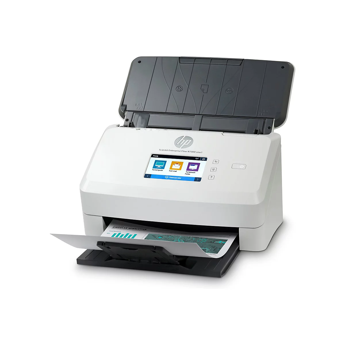 Ein weißer HP-Scanner mit geöffnetem Deckel, der ein gedrucktes Dokument auswirft. Auf dem Bedienfeld werden verschiedene Optionen angezeigt.