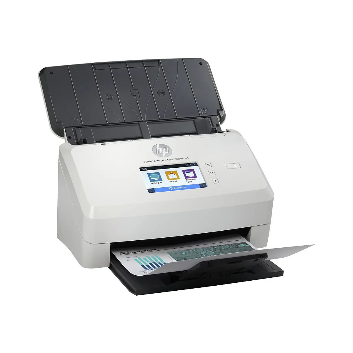 Ein weißer HP-Scanner mit geöffnetem Deckel, zeigt ein Diagramm. Auf dem Touchscreen Optionen für Computer, E-Mail und Netzwerk.