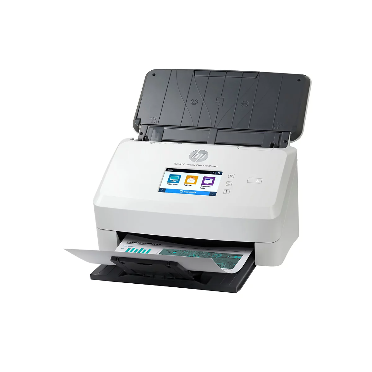Ein weißer HP-Scanner mit geöffnetem Deckel, der ein Blatt Papier ausgibt. Auf dem Papier sind Diagramme und Text zu sehen.