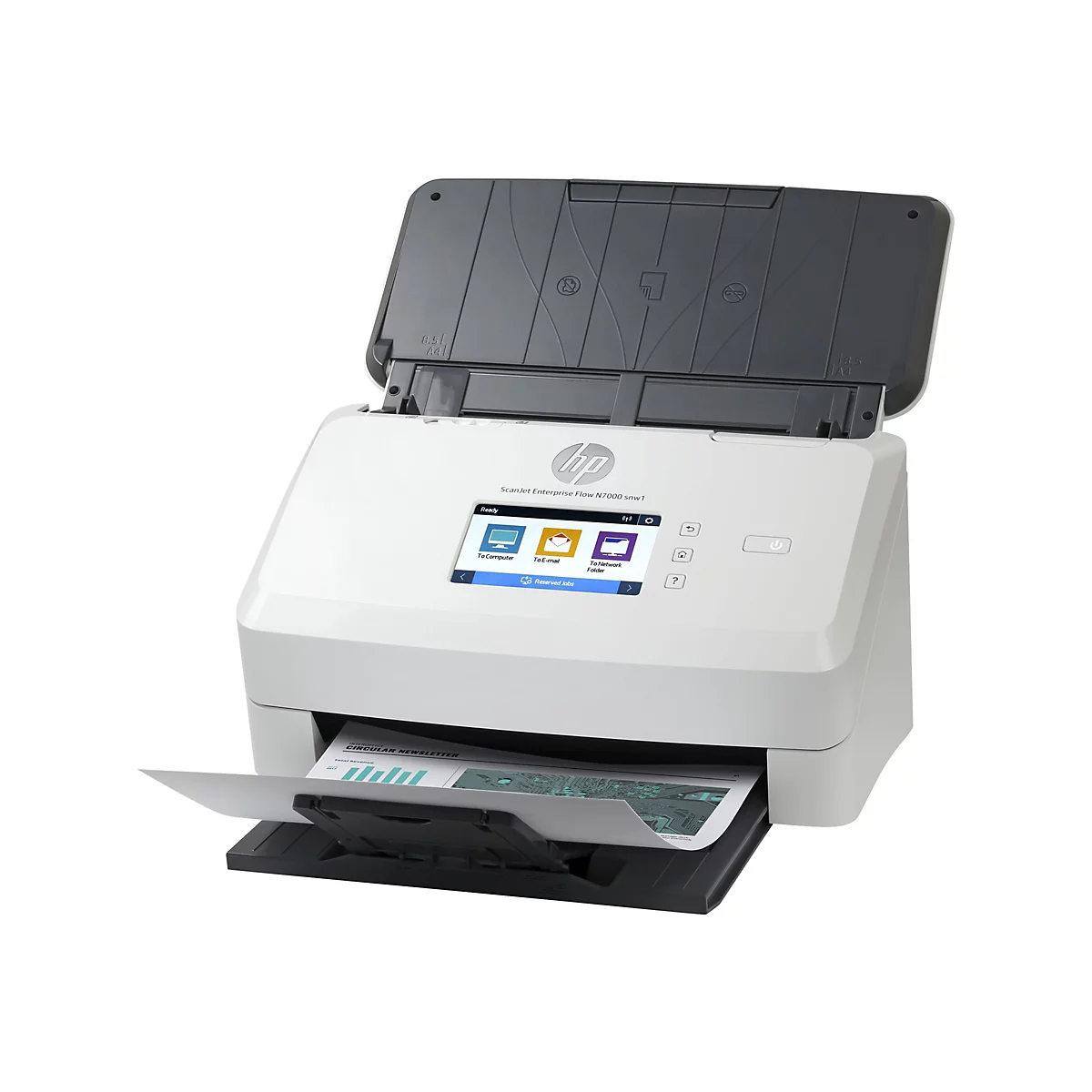 Weißer HP-Scanner mit offenem Deckel. Ein Blatt mit Diagrammen liegt im Ausgabefach. Auf dem Display: Optionen für Computer, E-Mail und Netzwerk.