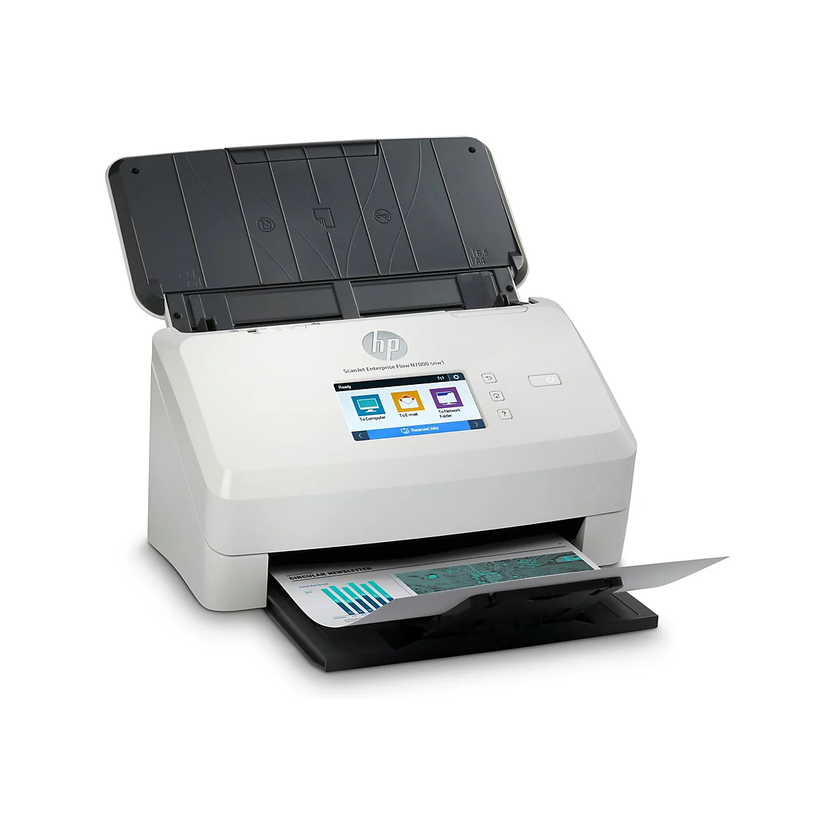 Ein weißer HP-Scanner mit geöffnetem Deckel, der ein Blatt mit Diagrammen ausgibt. Auf dem Touchscreen werden Optionen angezeigt.