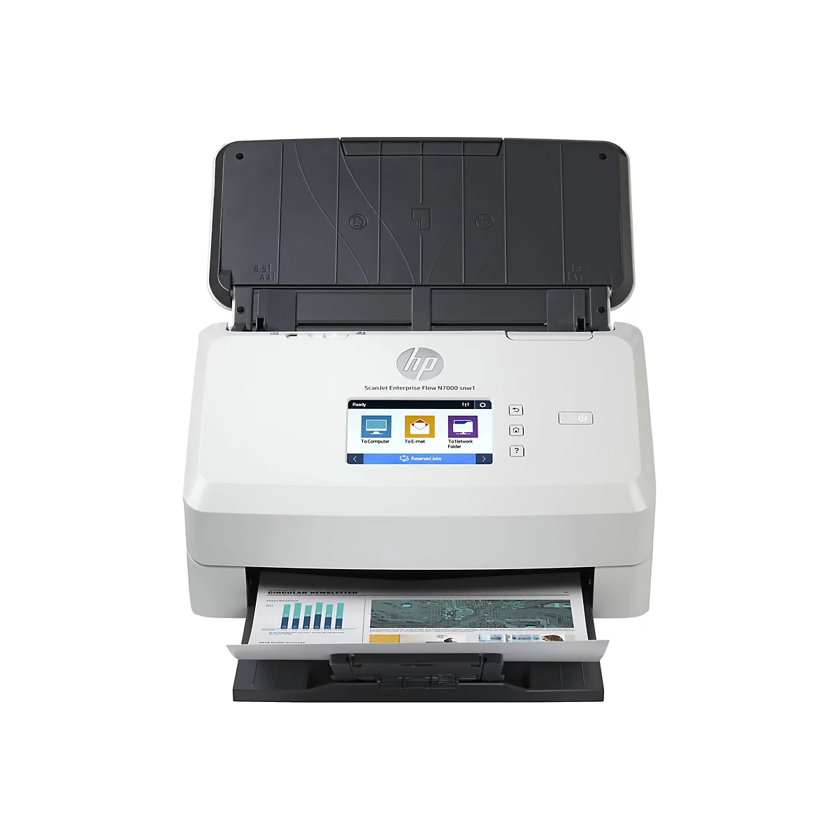 Ein weißer HP-Scanner mit geöffnetem Deckel, der ein gedrucktes Dokument einzieht. Das Display zeigt Optionen zum Scannen an Computer, E-Mail oder Netzwerkordner an.