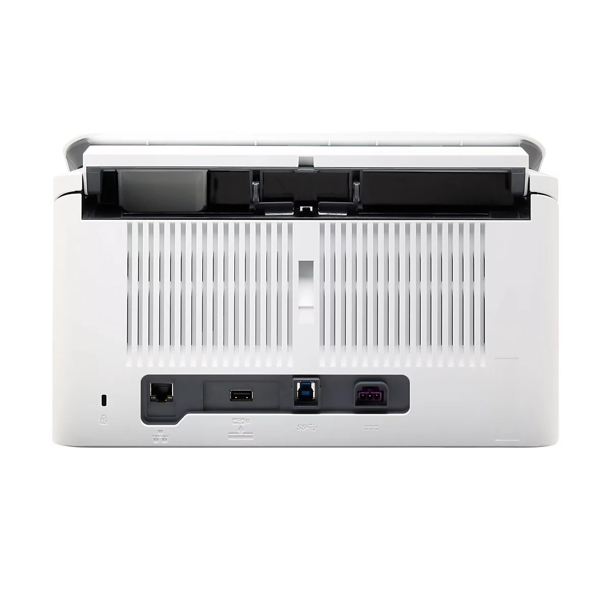 Rückansicht eines weißen Scanners mit geöffneter Abdeckung. Es sind Anschlüsse für Strom, USB und Netzwerk zu sehen.