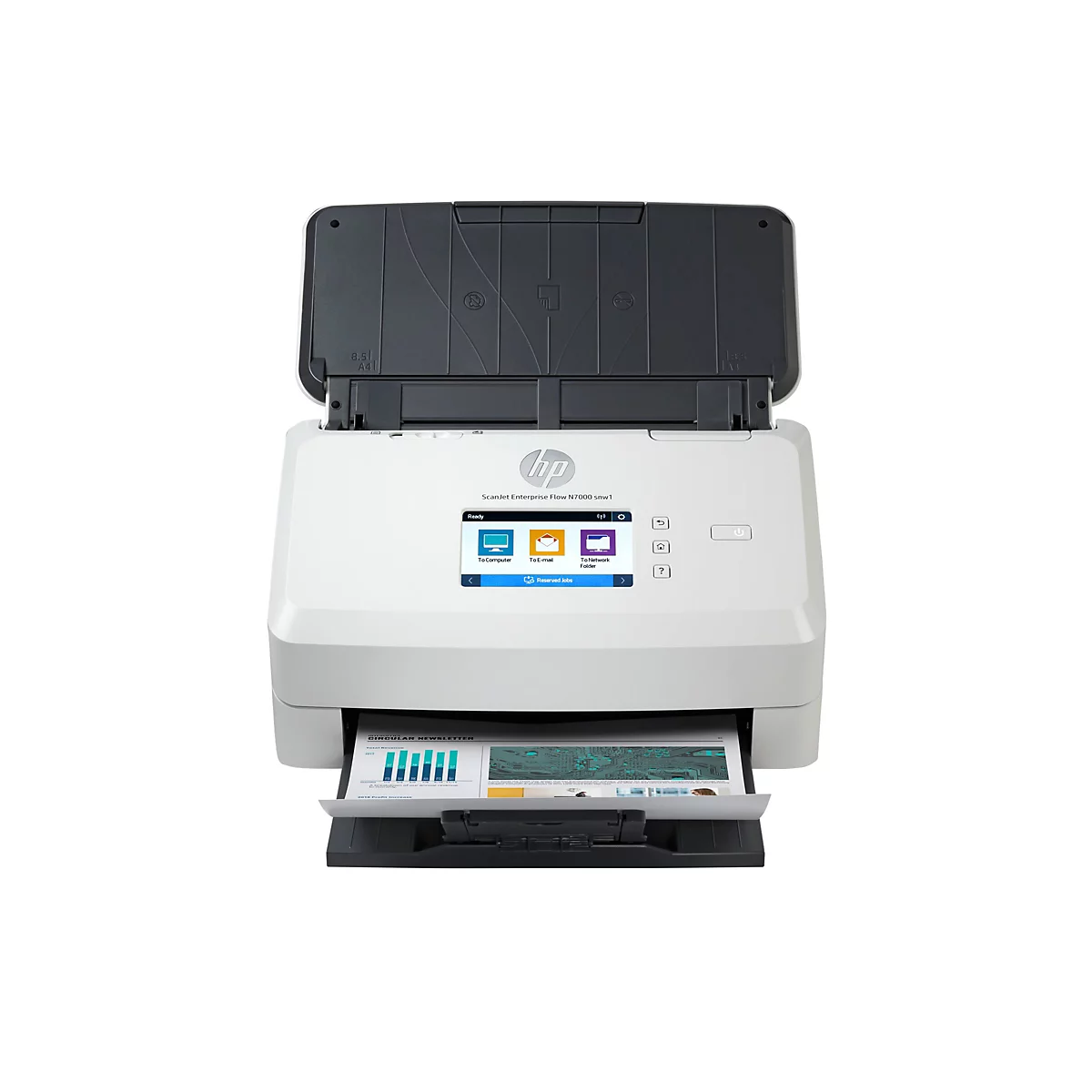 Ein weißer HP ScanJet Enterprise Flow N7000 snw1 Scanner mit offenem Deckel. Ein Blatt mit Diagrammen liegt im Ausgabeschacht.
