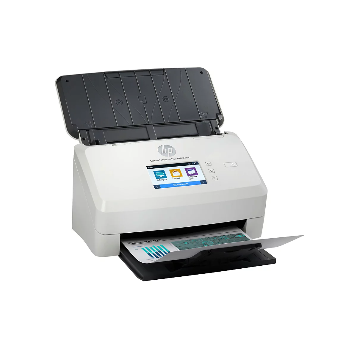 Weißer HP Scanner, Deckel geöffnet, bedrucktes Papier in der Ablage. Auf dem Display verschiedene Funktionen, z.B. „To Computer“.