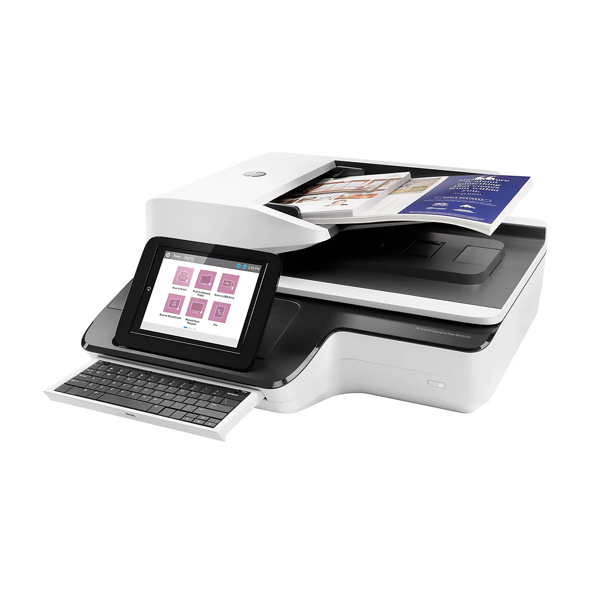 Ein weißer HP-Scanner mit Tablet, Papier und Tastatur. Das Tablet zeigt Scan-Optionen an. Auf dem Scanner liegt Papier mit Text.
