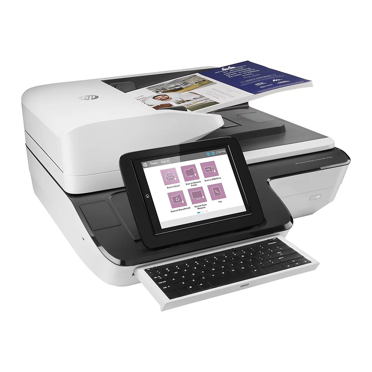 Ein weiß-schwarzer HP-Scanner mit einem Tablet und einer Tastatur.