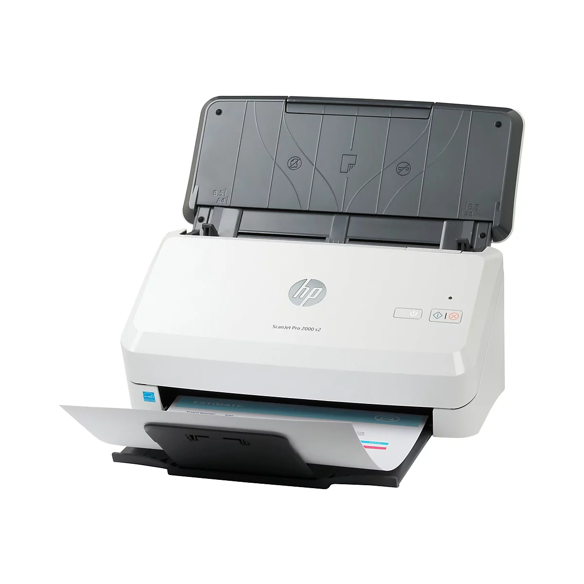 Ein weißer HP ScanJet Pro 2000 s2 Scanner. Das obere Fach ist offen. Ein Blatt Papier liegt im Ausgabefach. Links ein "Energy Star" Aufkleber.