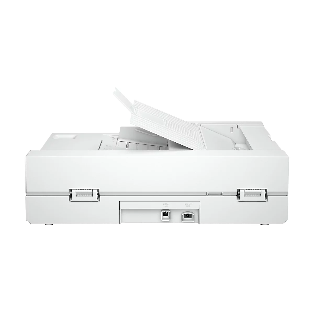 Weißer Drucker mit geöffnetem Fach, Rückseite, zeigt USB- und Stromanschluss.