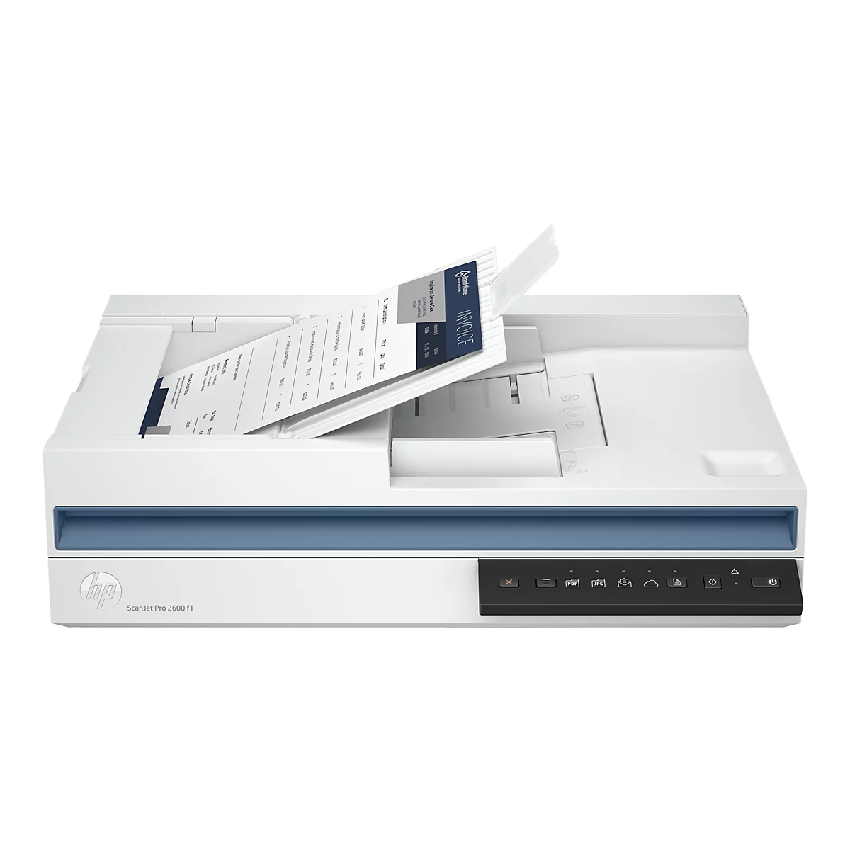 Ein weißer Scanner, der eine Rechnung einliest. Auf der Rechnung sind Details wie Name, Datum, Artikel und Preise sichtbar. Auf dem Gerät befinden sich Bedientasten.