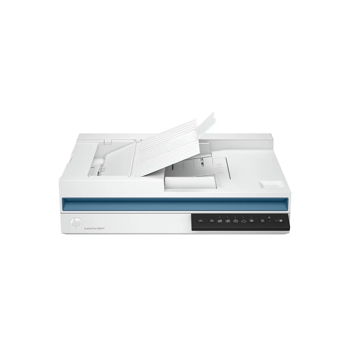 Ein weißer HP ScanJet Pro 2600 f1 Scanner, die obere Abdeckung ist geöffnet, Bedienfeld mit Symbolen.