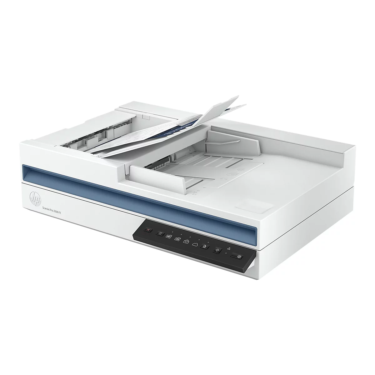 Weißer HP ScanJet Pro 2600 f1 Scanner mit aufgestellten Dokumenten. Auf der Bedienkonsole befinden sich Knöpfe.