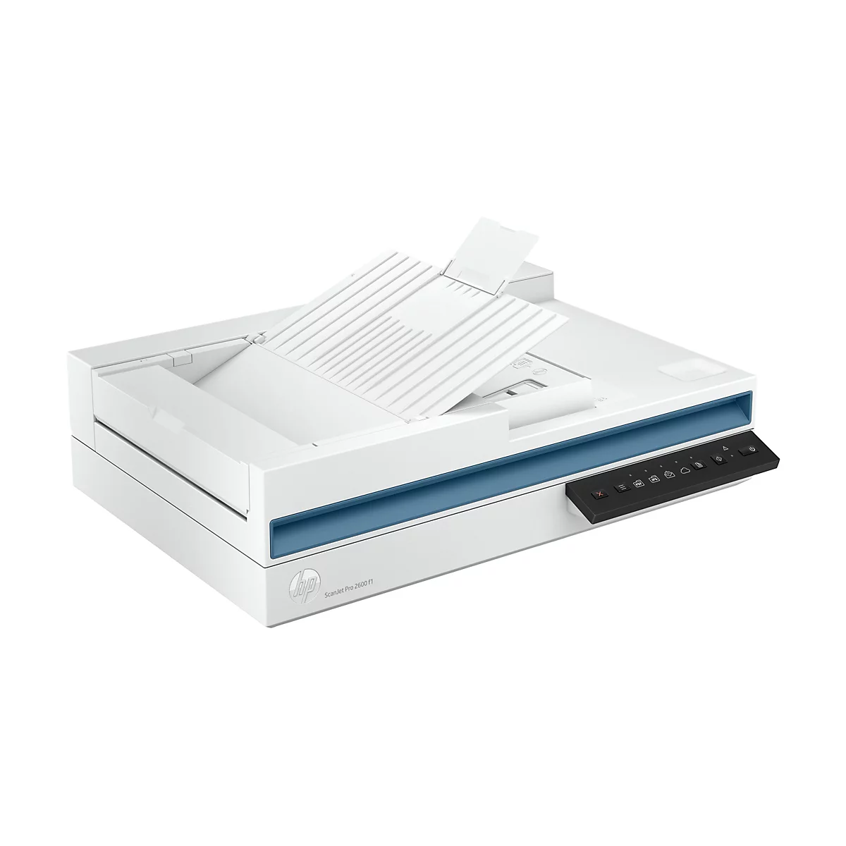 Weißer HP Scanner mit blauem Akzent, der geöffnet ist. Auf der schwarzen Bedienleiste befinden sich Symbole.