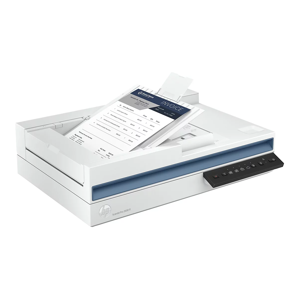 Ein weiß-blauer HP ScanJet Pro 2600 f1 Scanner, mit einem geöffneten Deckel, in dem eine Rechnung liegt.