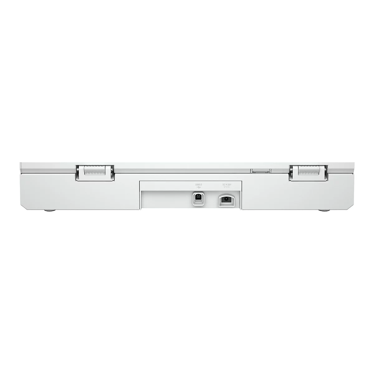 Graues elektronisches Gerät mit Anschlüssen für USB und Strom. Auf hellem Hintergrund.