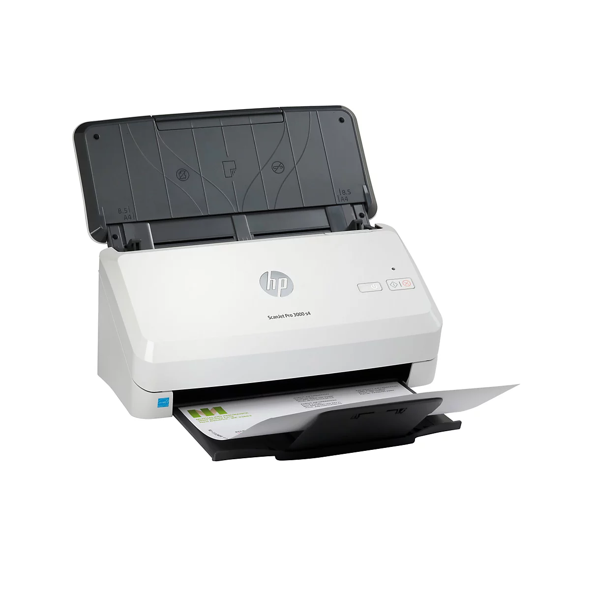 Ein weißer HP ScanJet Pro 3000 s4 Scanner, die obere Abdeckung ist geöffnet. Ein Blatt Papier liegt in der Ausgabefach.