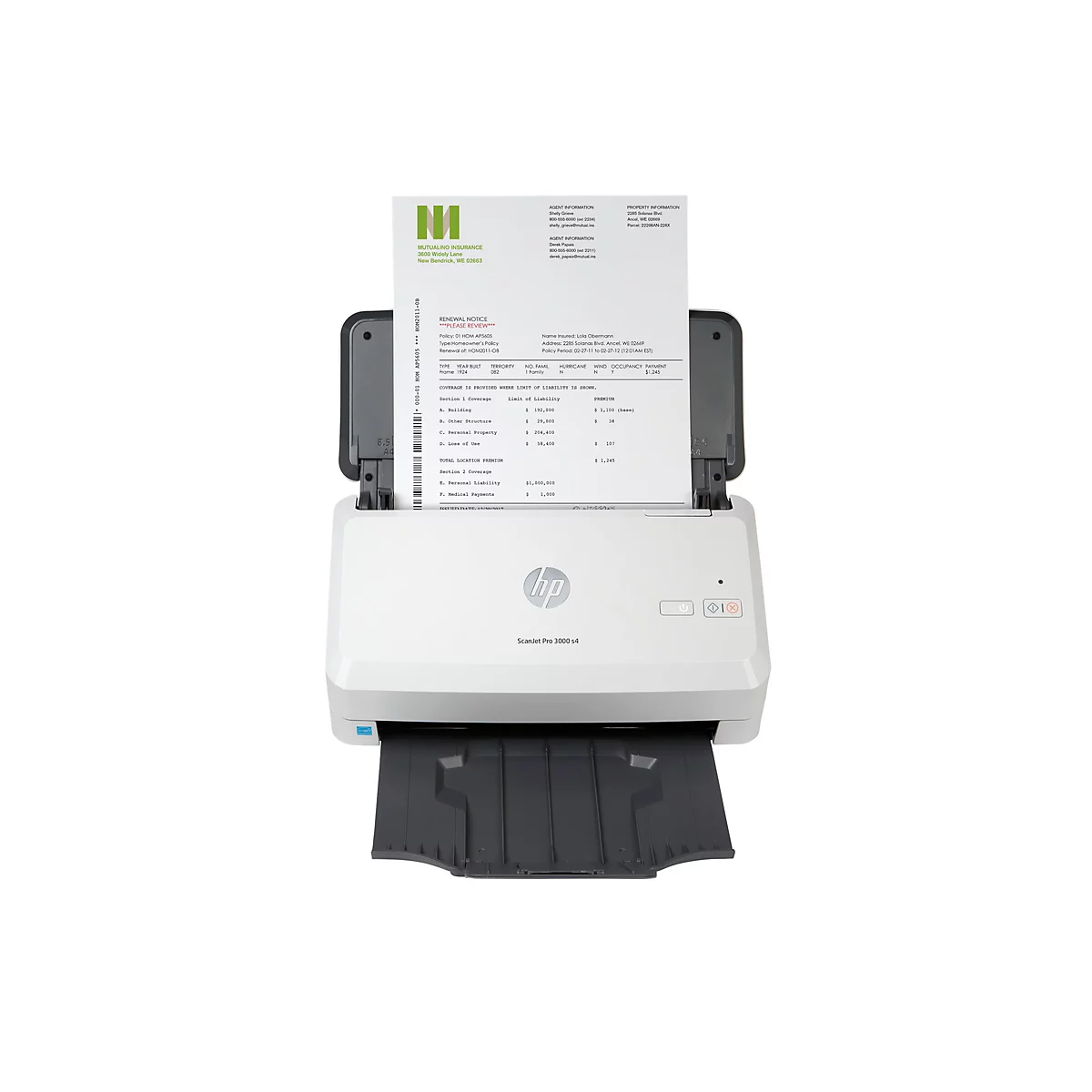 Ein weißer HP ScanJet Pro 3000 s4 Scanner, der ein Dokument einscannt, das Versicherungsinformationen zeigt.