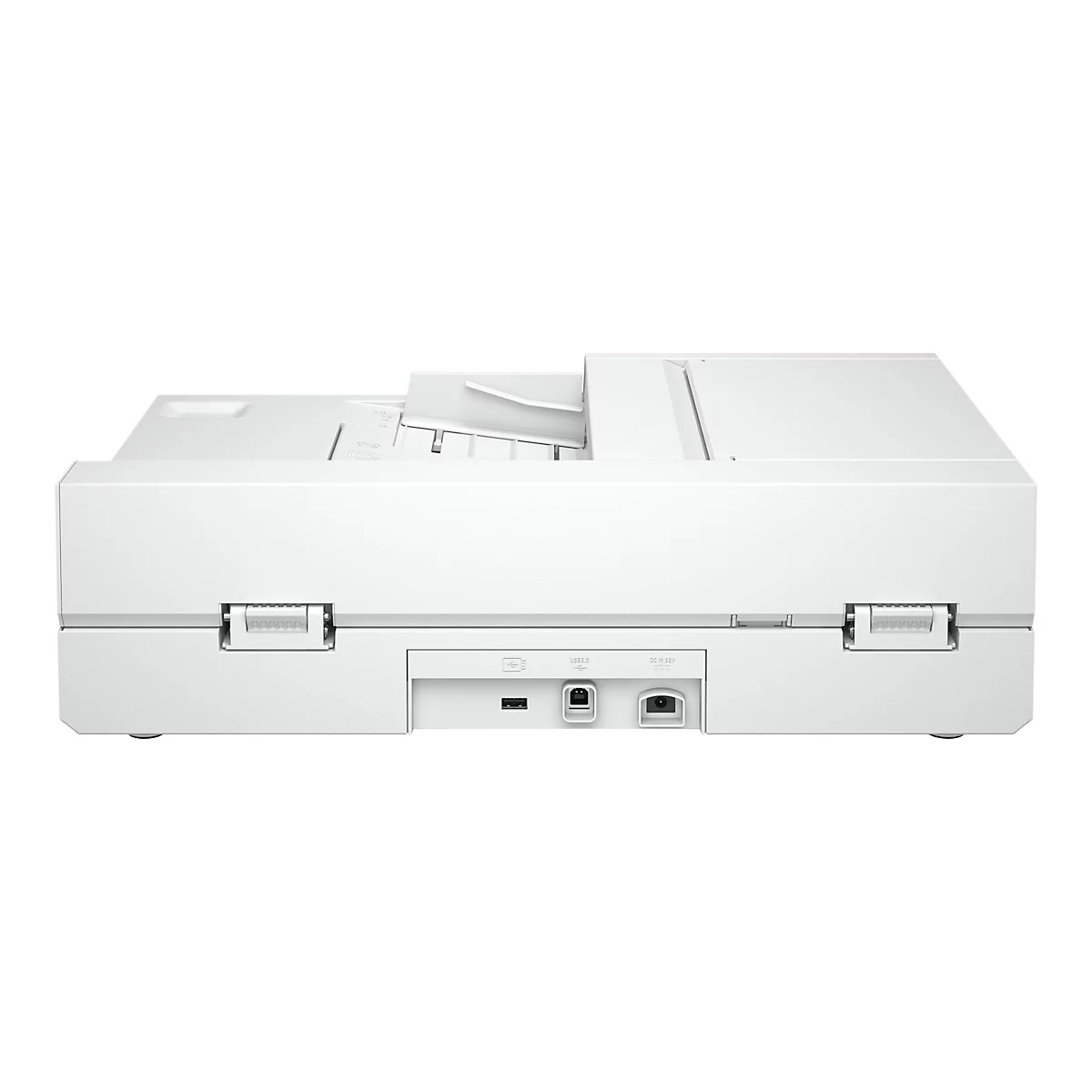 Weißer Scanner, Frontalansicht. Er hat eine rechteckige Form mit abgerundeten Kanten. Der Scanner hat eine Dokumentenzuführung, USB-Anschlüsse und eine Stromversorgung.