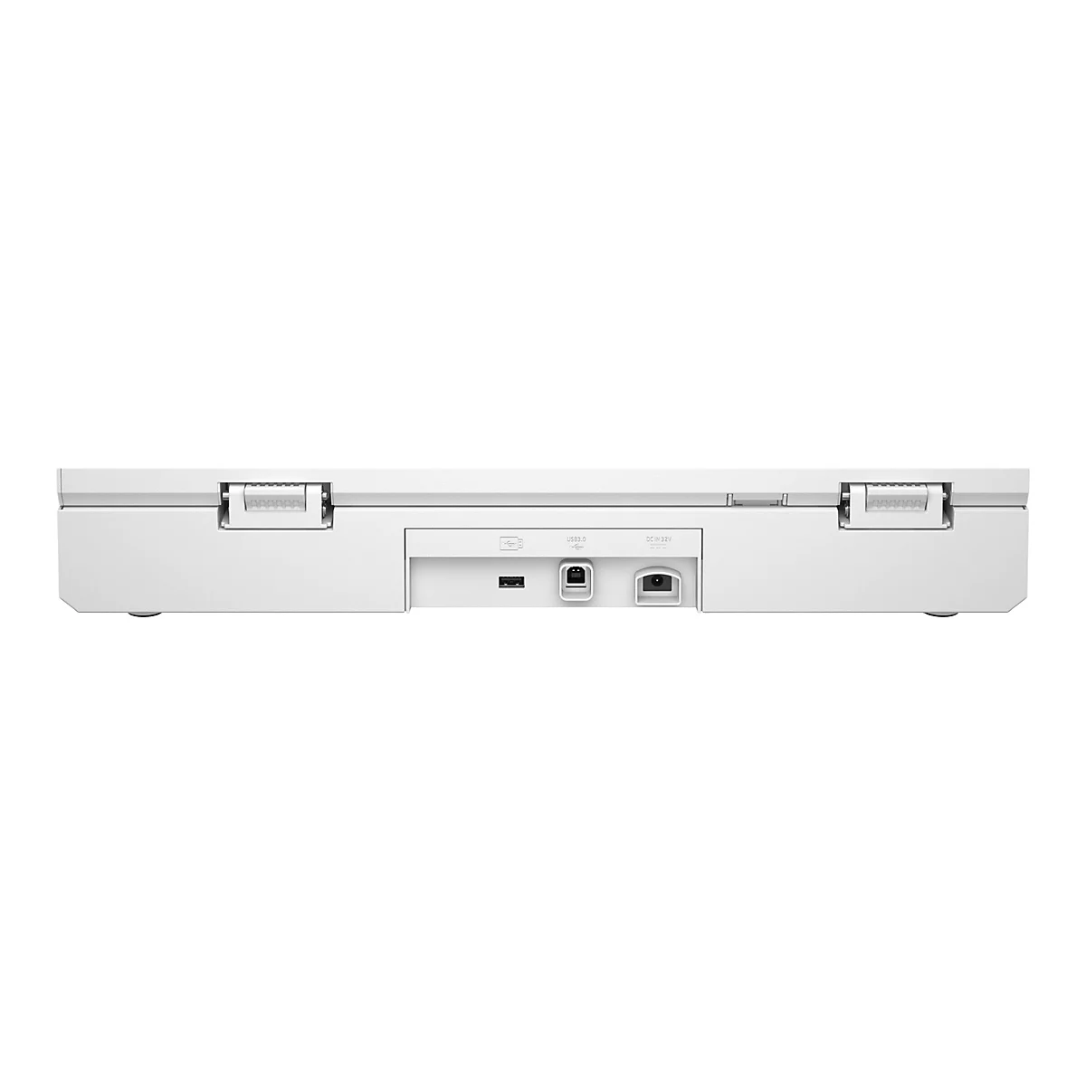 Weiße Rückseite eines Geräts mit USB- und DC-Eingängen.