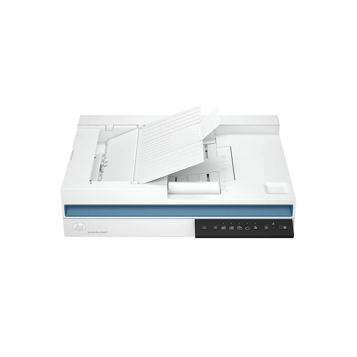 Weißer Scanner, Deckel geöffnet, blaue Akzente. Schwarzes Bedienfeld, HP Logo. ScanJet Pro 3600 f1.
