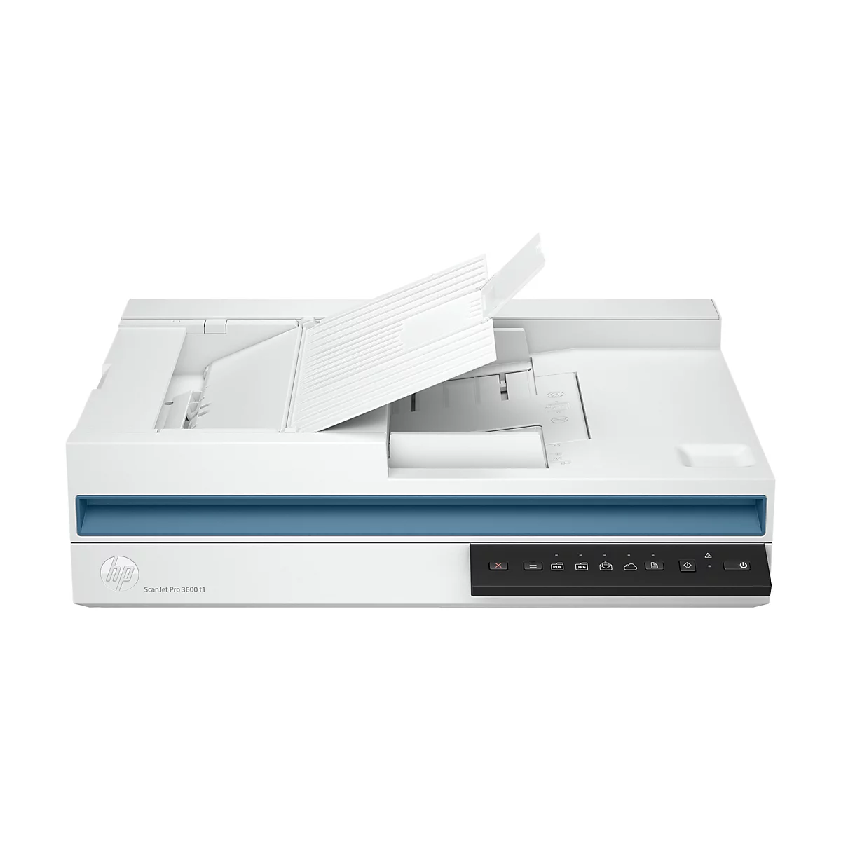 Weißer Scanner, offene obere Abdeckung. Blaue Zierleiste. Schwarze Bedienleiste mit Knöpfen.