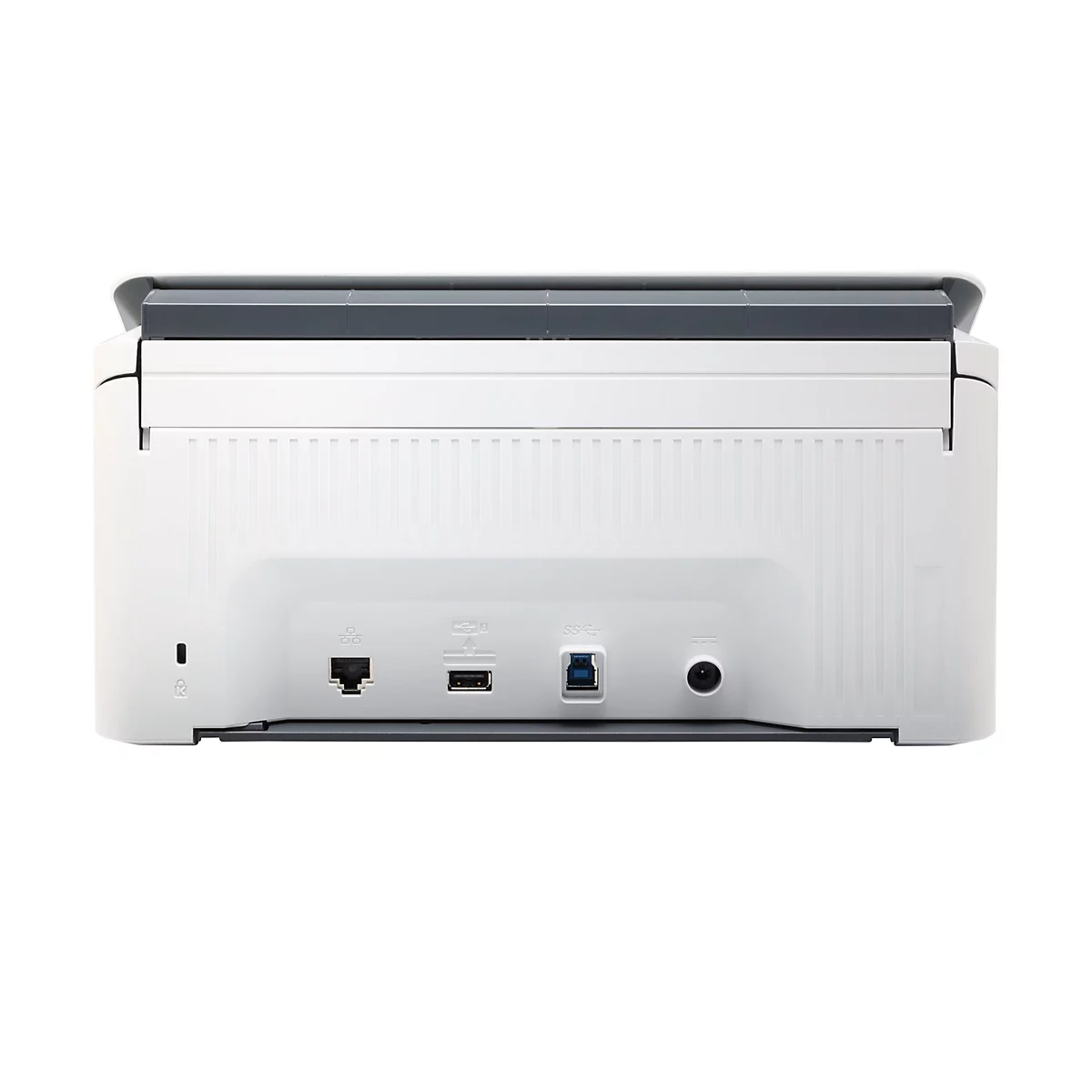 Rückansicht eines weißen Druckers mit dunkler Oberseite. Zu sehen sind Anschlüsse für Strom, USB, Netzwerk.