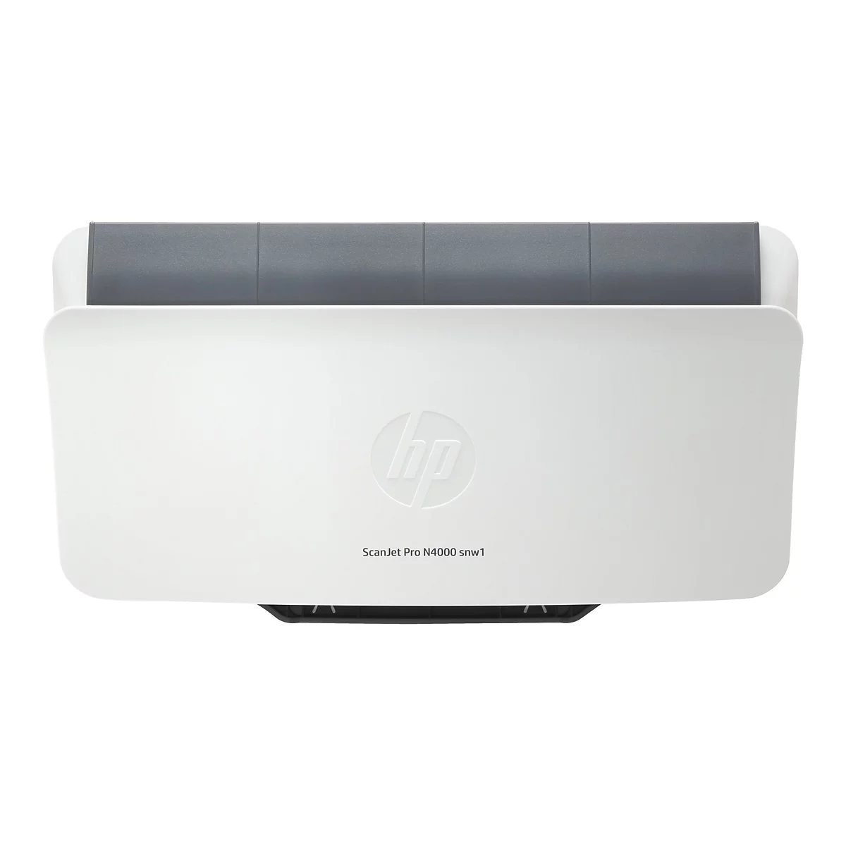 Draufsicht auf einen weißen HP ScanJet Pro N4000 snw1 Scanner mit grauem Deckel und HP Logo.