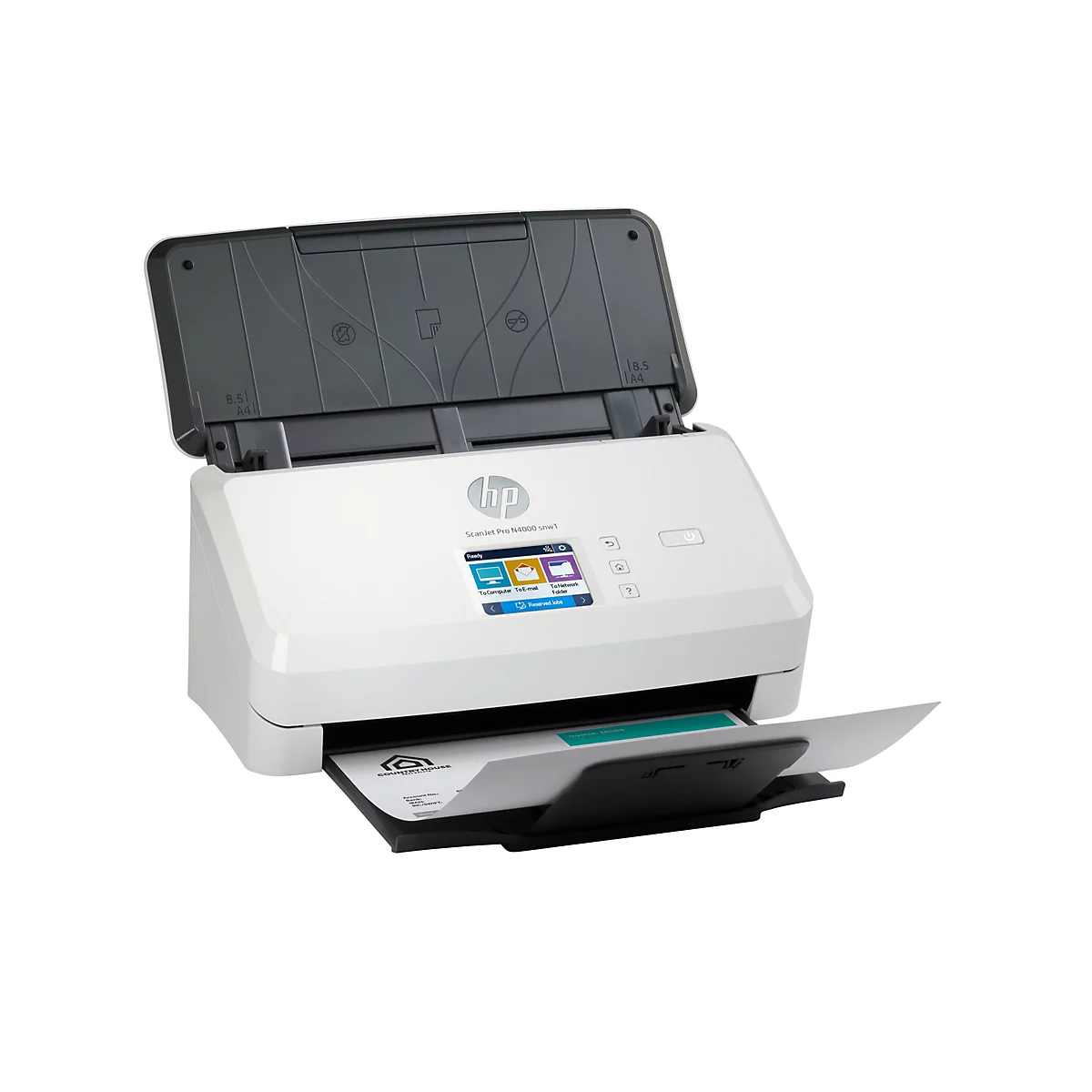 Weißer HP Scanner mit geöffnetem Deckel. Auf dem Display sind Optionen zu sehen, darunter „An Computer“, „E-Mail“, und „Netzwerk-Ordner“. Ein Blatt Papier wird vom Scanner ausgegeben.