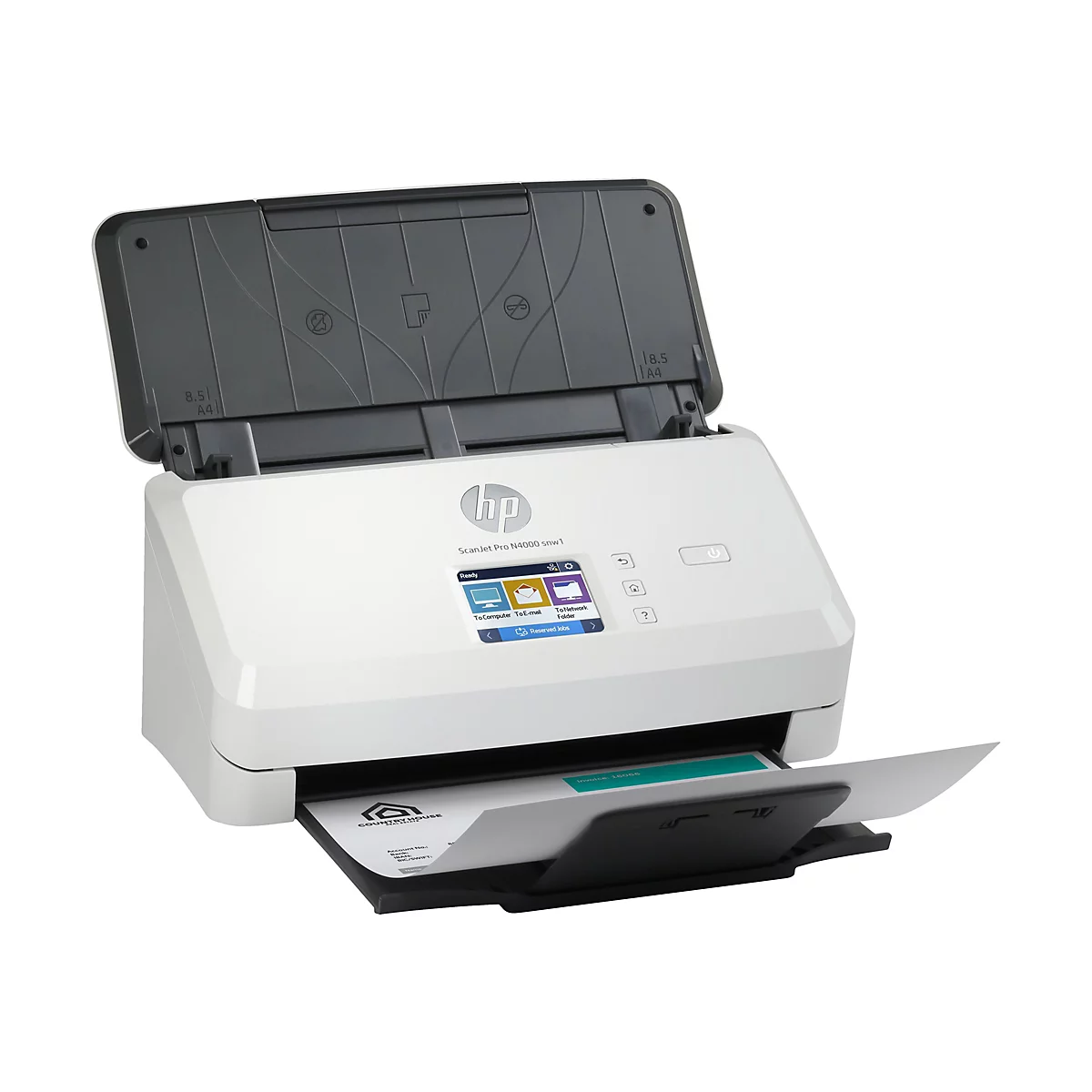 Ein weißer HP ScanJet Pro N4000 snw1 Scanner mit geöffnetem Deckel. Auf dem Touchscreen werden Optionen angezeigt. Eine Rechnung wird eingescannt.