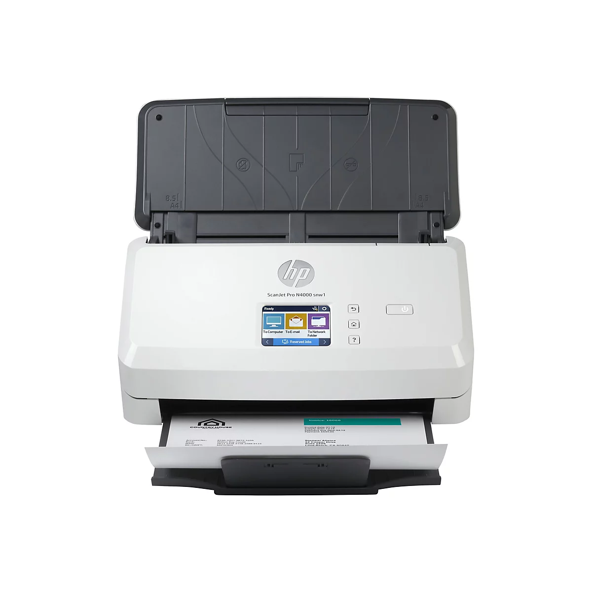 Ein weißer HP ScanJet Pro N4000 snw1 Scanner, die Abdeckung ist geöffnet und ein Blatt Papier liegt im Einzug. Auf dem Bedienfeld werden Symbole angezeigt.