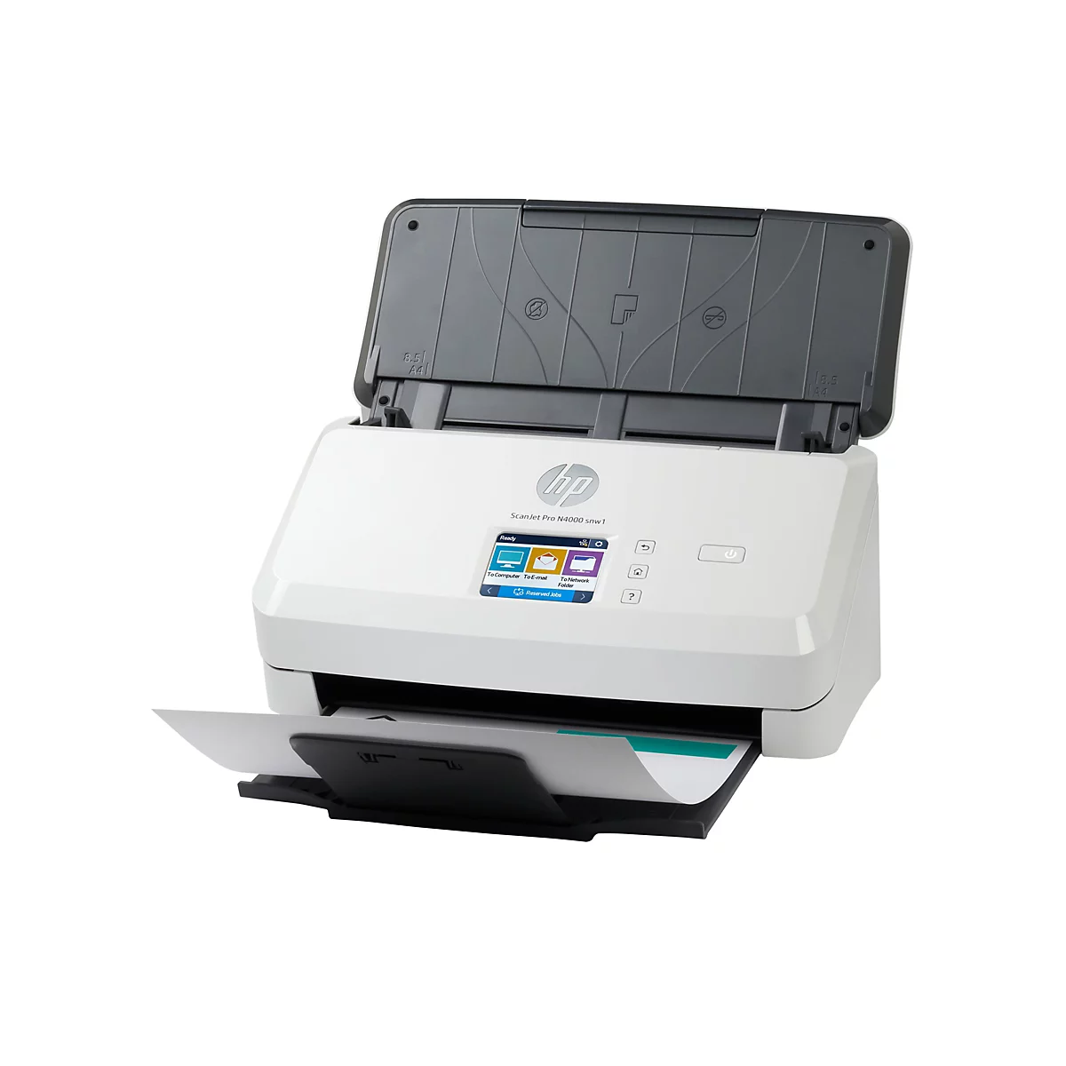 Weißer HP Scanner mit geöffnetem Deckel. Ein Blatt Papier liegt im Ausgabefach. Auf dem Display sind Optionen wie "Computer", "E-Mail" und "Netzwerk-Ordner" zu sehen.