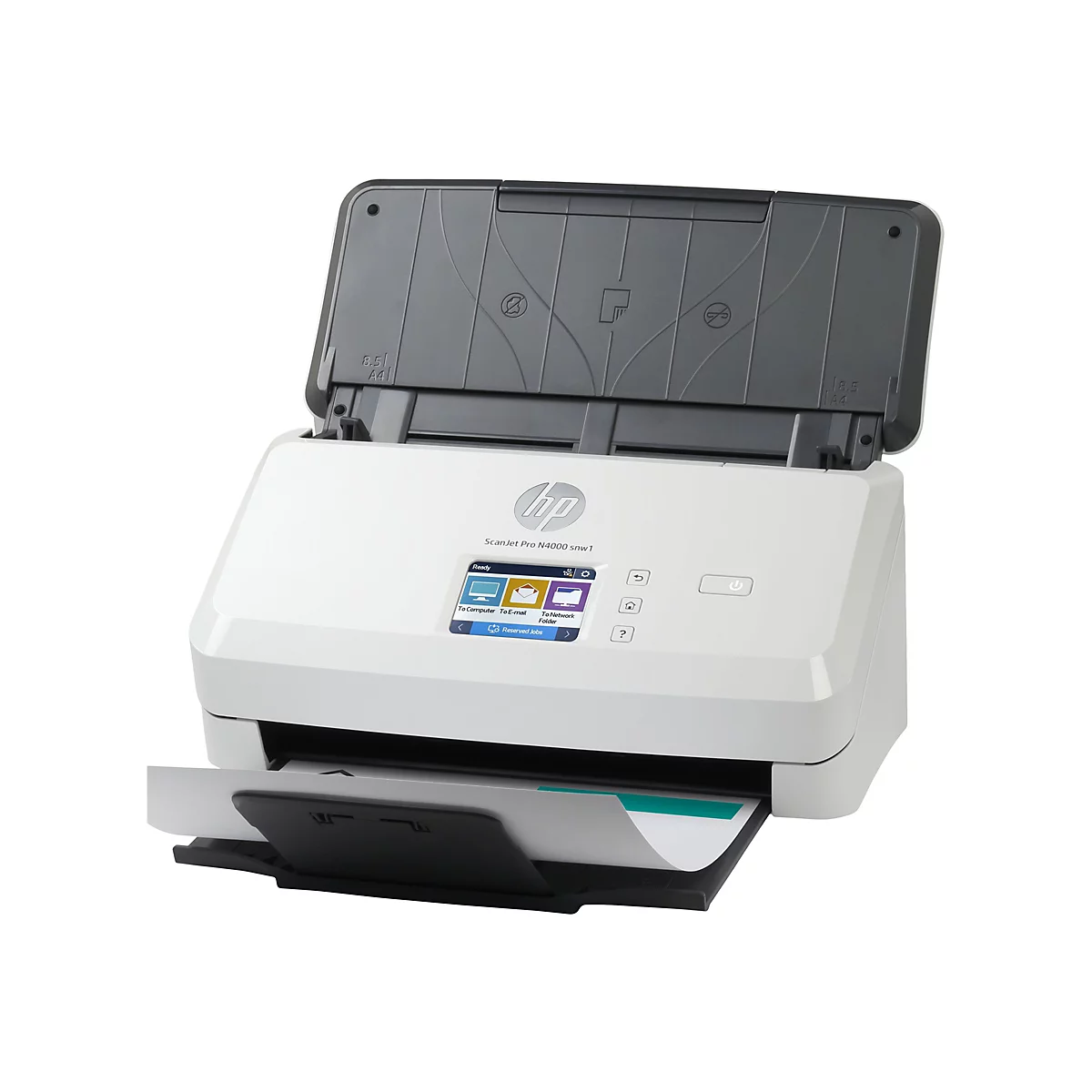 Weißer HP Scanner mit geöffnetem Deckel, Papierausgabe und Bedienfeld. Auf dem Display werden Optionen angezeigt. Auf dem Scanner steht "ScanJet Pro N4000 snw1".