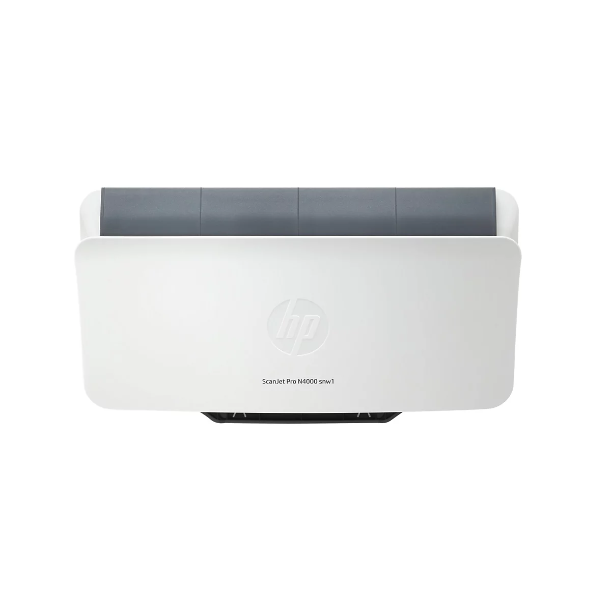 Draufsicht auf einen weißen HP-Scanner. Oben grau, mit HP-Logo und Schriftzug 'ScanJet Pro N4000 snw1'.
