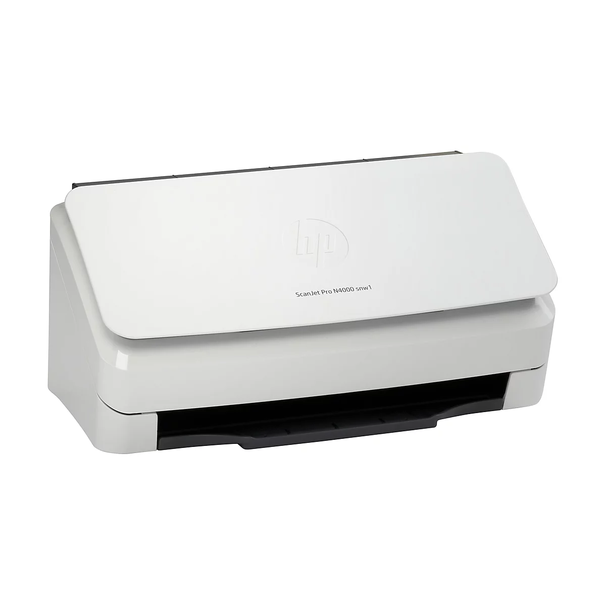 Weißer HP-Scanner, auf dem "Scanjet Pro N4000 snw1" steht.