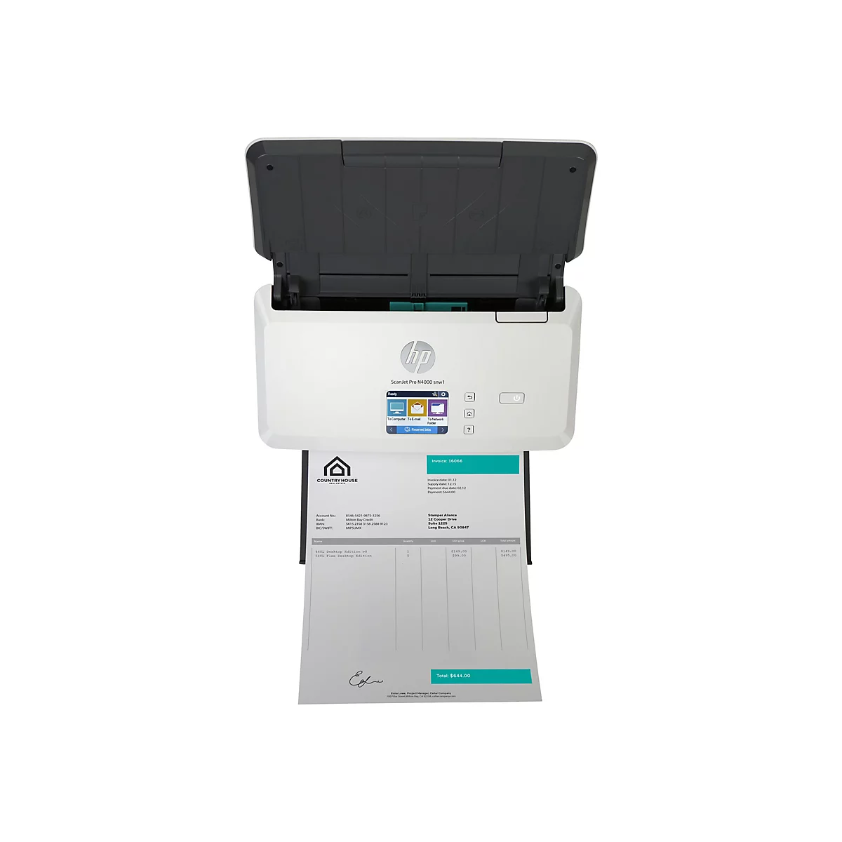 Ein weißer HP-Scanner mit offenem Deckel, darunter ein Rechnungsdokument mit Text.