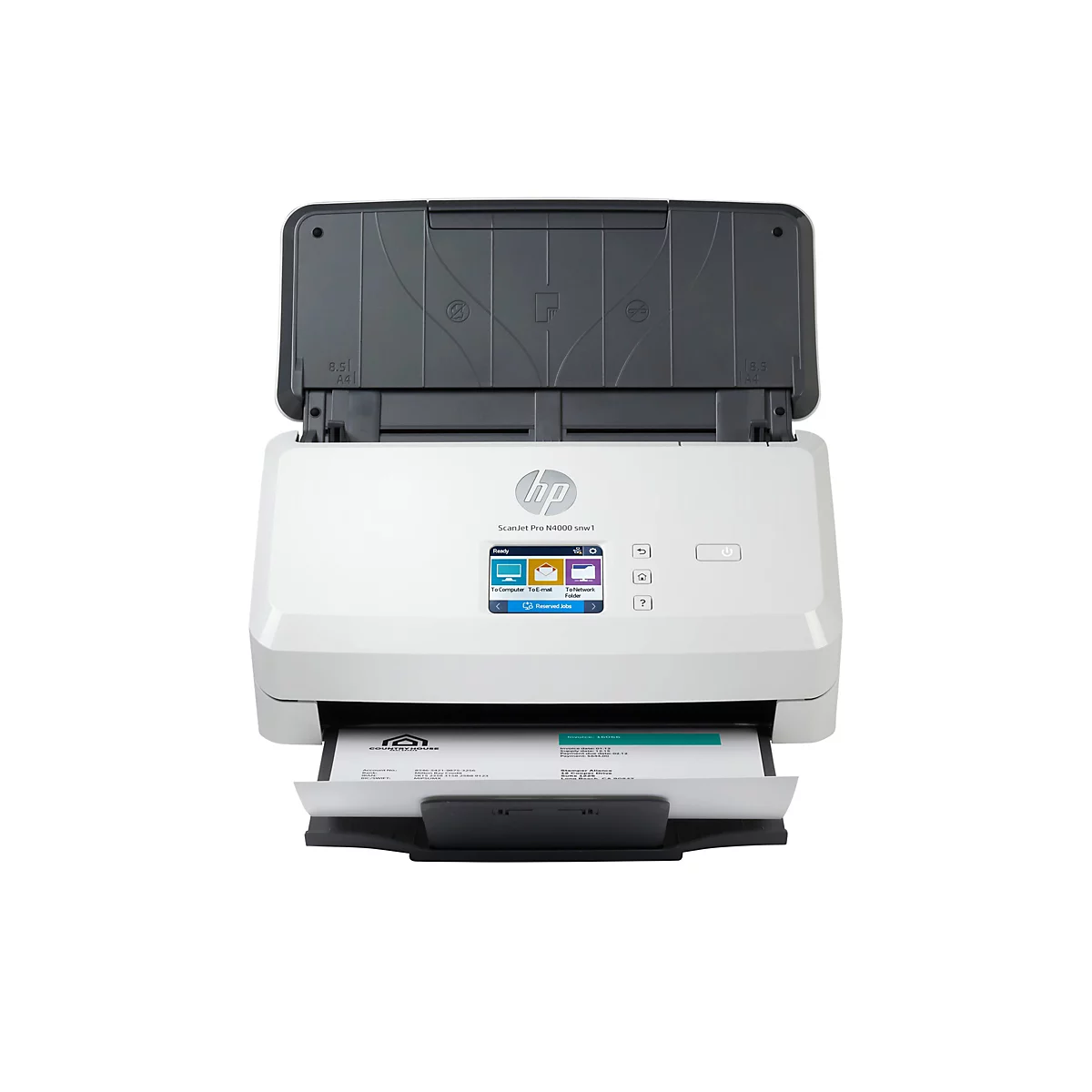 Ein weißer HP-Scanner mit geöffnetem Deckel, der ein Dokument einzieht. Auf dem Display ist der Schriftzug 'Ready' zu sehen.