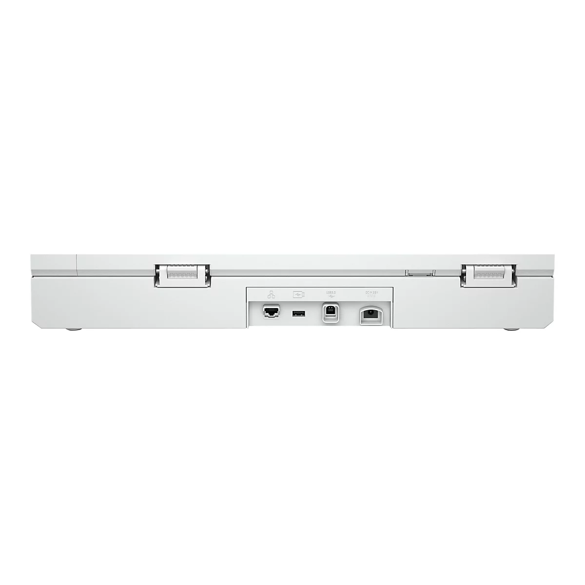 Weiße Geräte-Rückseite mit Anschlüssen, wie LAN, USB, und Stromversorgung. Oben zwei Scharniere.