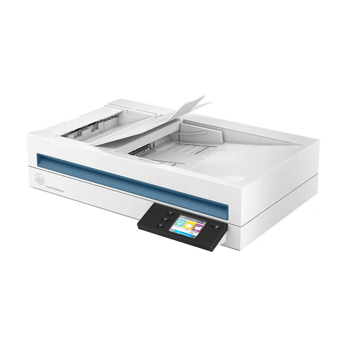 Weißer Scanner mit geöffneter Deckelklappe, darunter eine blaue Leiste. Auf dem Display werden verschiedene Funktionen angezeigt.