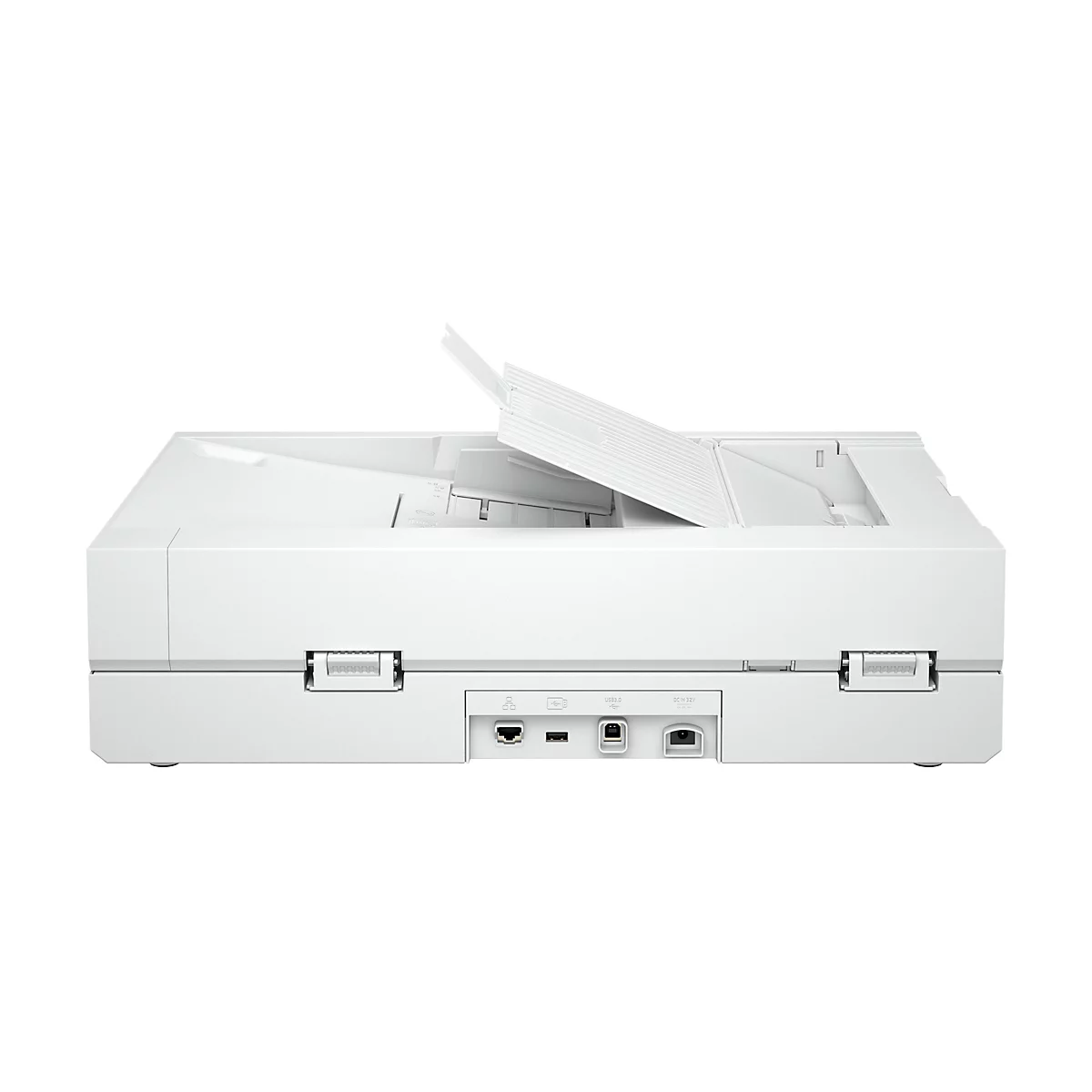 Weißer Flachbettscanner mit geöffneter Abdeckung. Rückansicht mit Anschlüssen für Strom, USB und Ethernet.